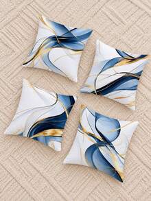 4pcs Minimalist Daily Blue Geometric Abstract Gold Line Pattern Cushion Covers, Single-Sided Printed Peach Skin Velvet Polyester Material, 45*45CM Pillowcases For Modern Fabric Sofa Indoor Decor, Party Decoration, Gift Giving - Multicolor - View 6