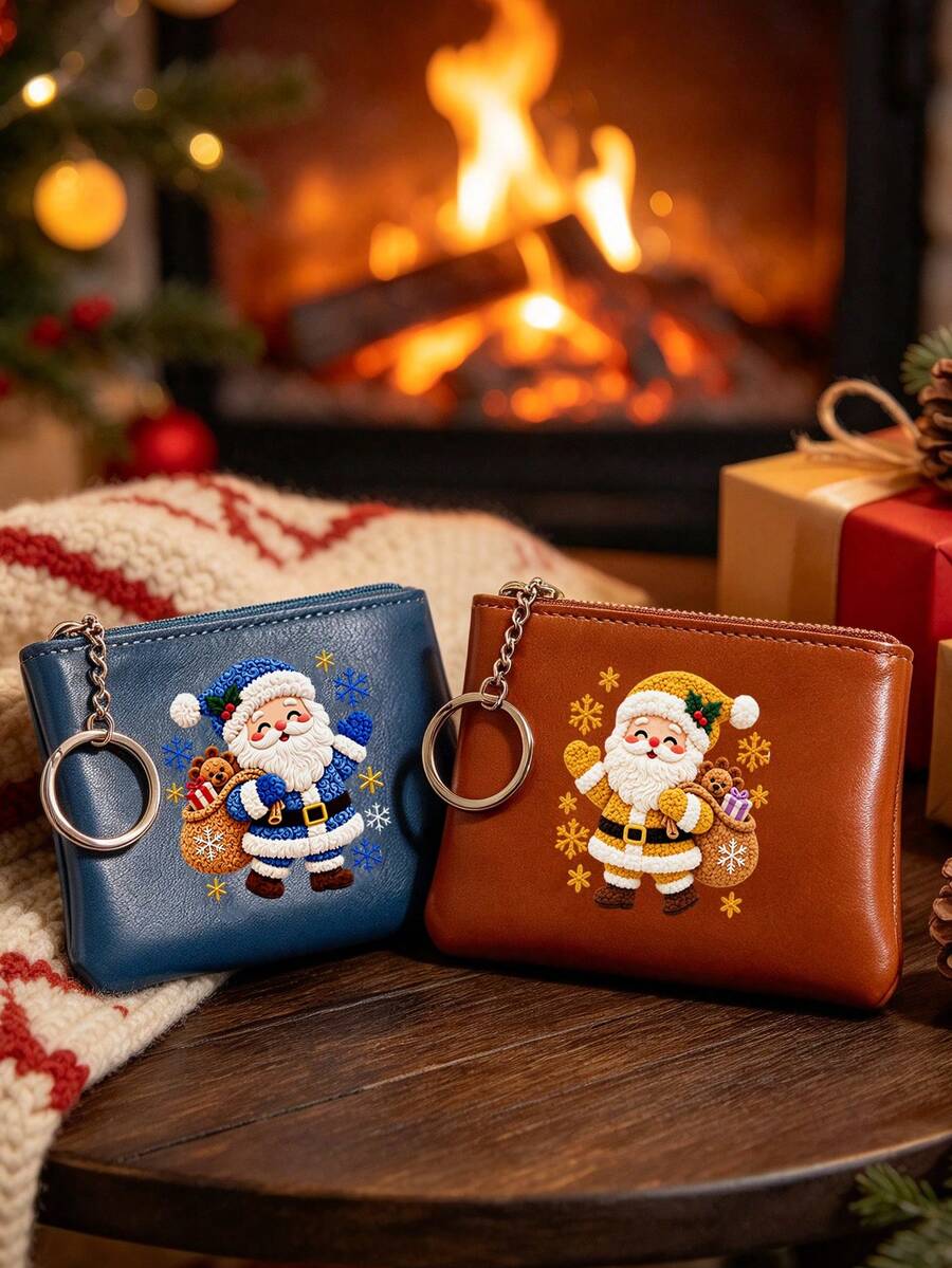 Christmas Santa Claus Print Pu Coin Purse, Zipper Mini Pouch With Keyring,Lightweight Pocket Card Bag,Small Wallet Card Holder Xmas Gift,Holiday Gift - Multicolor - View 1