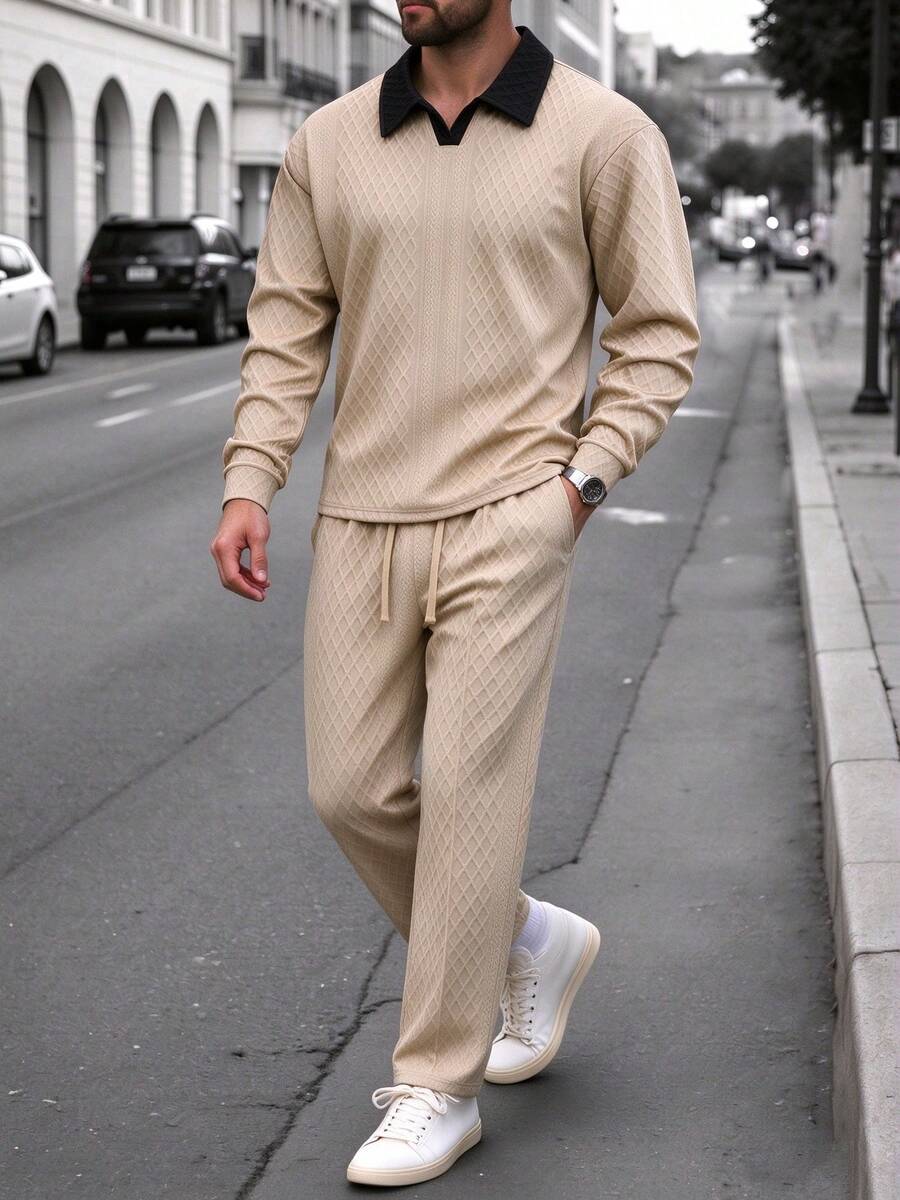Men's Luxury Textured Colorblock Black Collar Casual 2 Pieces Set, Loose Long Sleeve Top And Pants, Spring/Autumn - Khaki - View 1