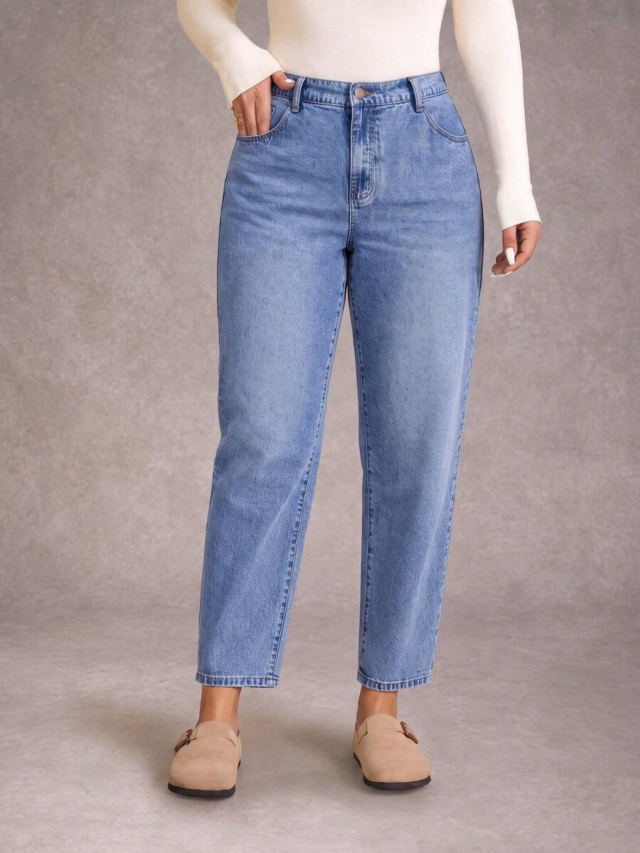 Women's Plus Size Vintage Denim Cropped Pants, With Pockets And Zipper, Versatile For Daily Wear, Non-Stretch Fabric - Blue - View 1