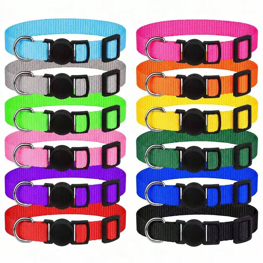 12pcs Universal Nylon Pet Collars For Cats And Dogs, Adjustable Size With Quick Release Safety Buckle And Metal D-Ring, Durable Soft Solid Color Pet Neck Collars, 12 Vibrant Colors, Daily Outdoor Walking Accessories Set For Puppies And Kittens - Multicolor - View 1