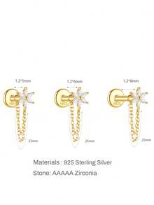 Tysoendlay 1Pc 925 Sterling Silver Flower Pave Chain Tassel Flat Back Stud Earring, Gold Plated Helix Cartilage Piercing For Women, Daily Party Gift - Gold - View 7