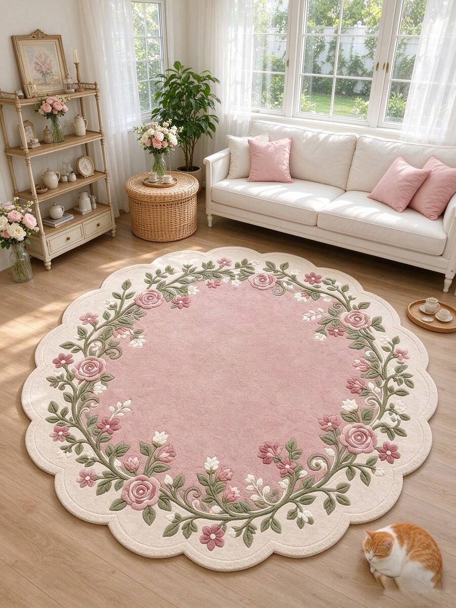 1pc Pink Rose Wreath Shaped Decorative Floor Mat, Rug, Carpet, Living Room Carpet, Bedroom Carpet, Doormat - Multicolor - View 1