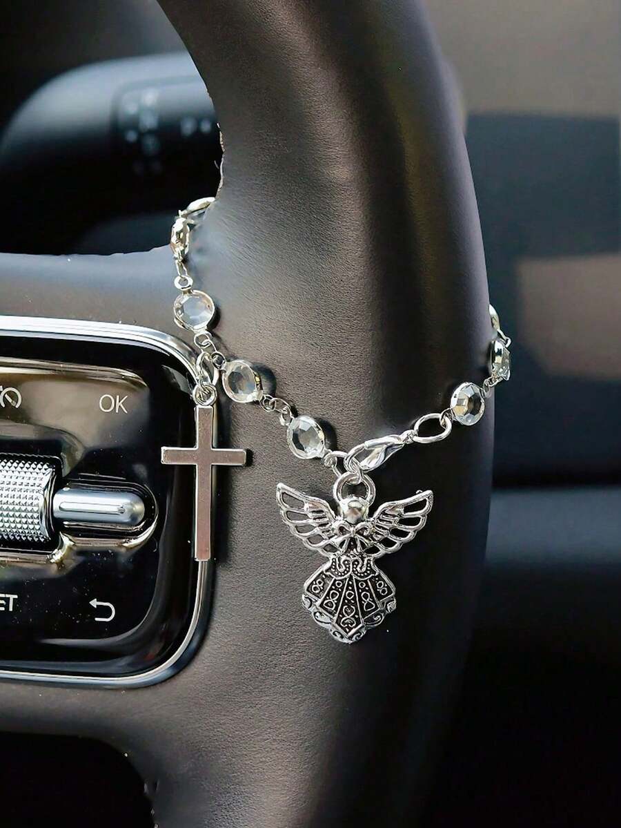 Vintage Silver Angel Cross Car Decor Transparent Crystal Bead Chain ...