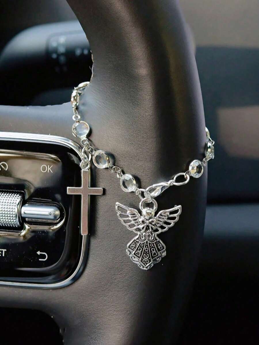 Vintage Silver Angel Cross Car Decor Transparent Crystal Bead Chain Multi-Purpose Steering Wheel Cover, Rearview Mirror Pendant, Handbag Charm And Bracelet, Women's Religious Car Interior Decoration - A - View 1