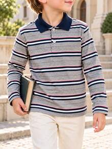 Boys' Gray And Red Striped Casual Fashion Long Sleeve Polo Shirt - Grey - View 5
