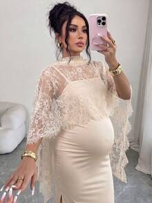 2pcs Maternity Dress Set, Champagne Lace Shawl Fitted Bodycon Midi Dress, Slimming Elegant Elegant Pregnancy Party Date Fitted Long Dress Summer - Apricot - View 1