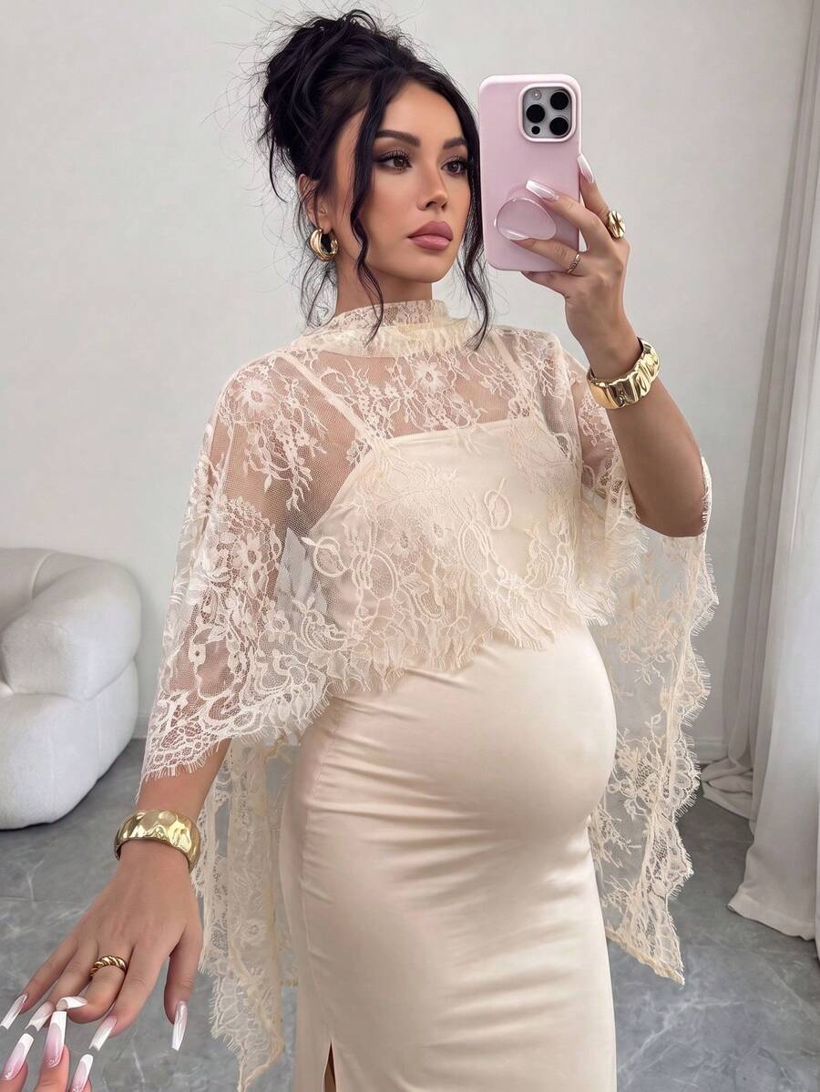 2pcs Maternity Dress Set, Champagne Lace Shawl Fitted Bodycon Midi Dress, Slimming Elegant Elegant Pregnancy Party Date Fitted Long Dress Summer - Apricot - View 1