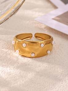 1Pc/1Set Vintage Hammered Gold Color Stainless Steel Open Rings Inlaid Pearl And Natural Stone Jewelry For Women Daily Wear Gifts - Yellow Gold - View 6