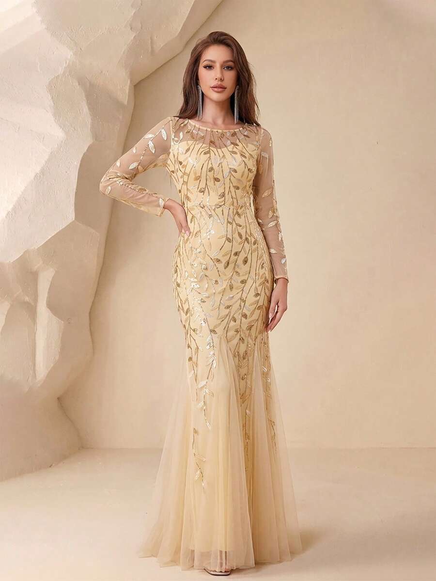 Autumn/Winter Elegant Party Floral Sequin Mesh Long Sleeve Mermaid Fitted Evening Gown, Prom Dress, Wedding Guest Dress, Holiday Outfit - Gold - View 1