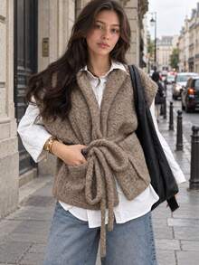 New Elegant Solid Color Casual Belt Women's Wool Vest Jacket Daily Holiday Autumn/Winter - Brown - View 1