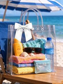 10/20/40/50pcs Reusable Transparent PVC Gift Bags With White Bow Ribbon, (25pcs Bags+25pcs Ribbons) With Handles, Suitable For Weddings, Birthdays And Holidays, Perfect For Christmas Gift Bags, Valentine's Day, Mother's Day Gift Packaging, Transparent Waterproof Bags, Suitable For Summer, Vacation And Beach. Multi-Functional Packaging Solution - A - View 2