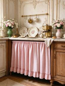 1pc Pink & White Plaid Table Skirt With Romantic Ruffle Edge, Sideboard, Entryway Cabinet, Sink, Kitchen Storage Cover, Suitable For Dining Room, Living Room, Hotel, Cafe, Wedding, Party, Picnic, Holiday, Annual Meeting, Celebration, Daily Use - Pink - View 2