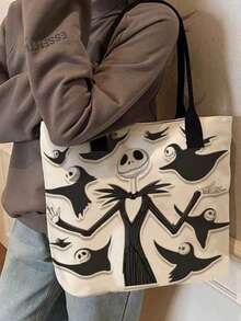 Autumn Christmas Gift Back To School Disney Cartoon Jack Print Large Capacity Canvas Tote Bag, Casual Shoulder Tote Bag, Suitable For School, Work And Daily Use - Multicolor - View 9