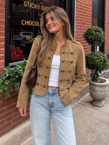 Women's Autumn Short Jacket Long Sleeve Zipper Outerwear Hussar Jacket Casual Outing Wear Military Style Faux Suede Jacket - Khaki - View 3