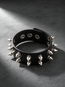 Men's Black PU Leather Wristband With Silver Spikes, Gothic Punk Rivet Bracelet, Rock Stage Accessory - Black - View 3