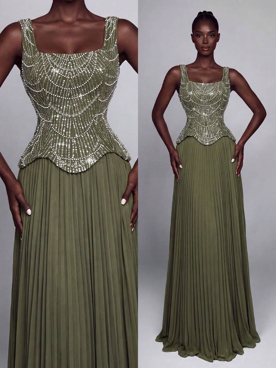 Elegant Wide Strap Floor-Length Dress With Beaded Ruffle Bodice And Pleated Skirt, Suitable For Photography, Beach Vacation, Resort And Formal Evening Events - Army Green - View 1