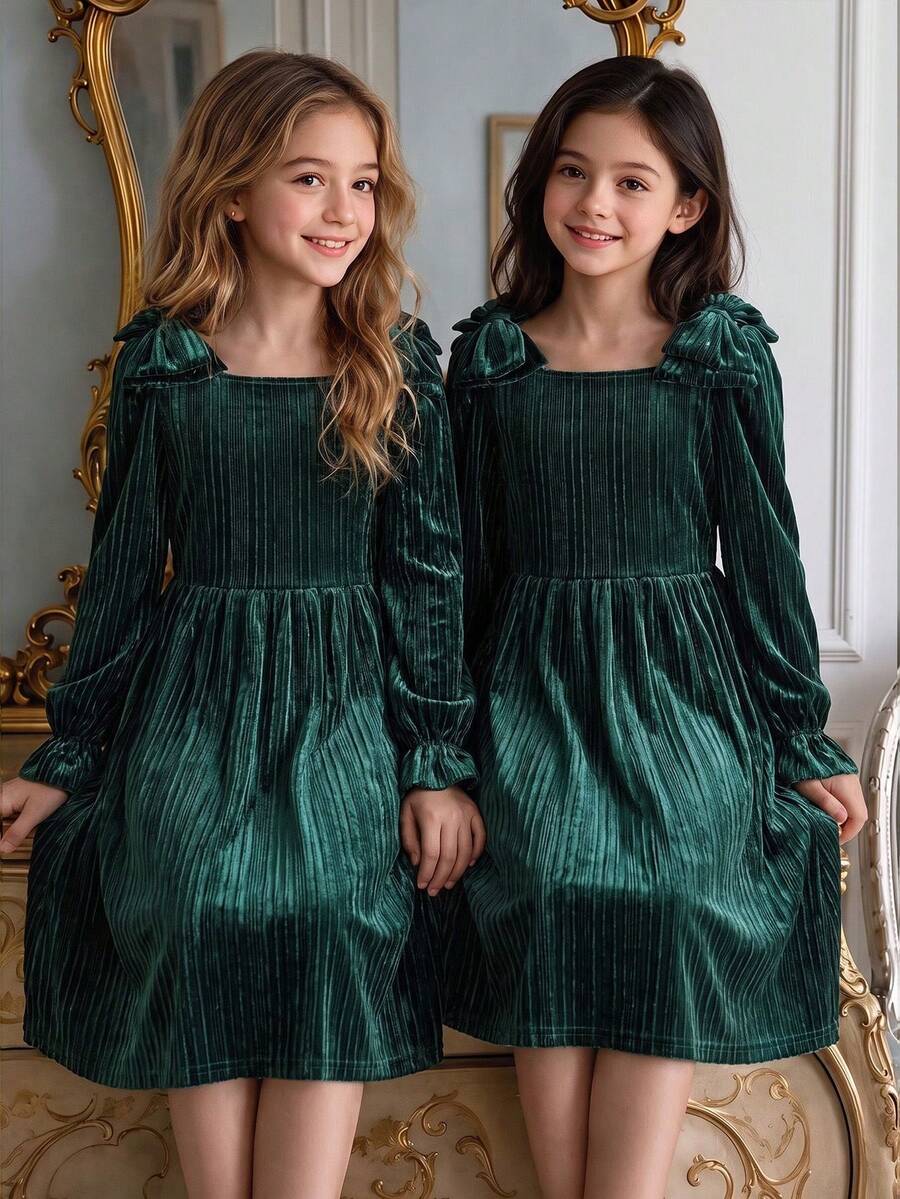 Girls' 2026 Autumn/Winter New Vintage Square Neck Big Bow Decor Waist ...