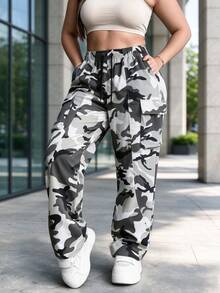 Women's Outdoor Workwear Long Pants, Loose Straight Leg Camouflage Trousers, Autumn - White - View 5