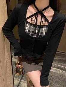 女款秋季格紋領結領毛衣 - 黑色 - 查看 6