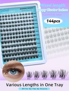 Colash 144pcs 12-Row DIY Cluster False Eyelashes, Segmented False Eyelashes, C/D Curl, DIY Lash Extensions, Beginner-Friendly, 8/10/12/14/16mm, 0.07C/D Curl, Suitable For Travel, Daily Wear (Beginner-Friendly), Wedding, Date, Party, Holiday And Other Occasions, Perfect As A Gift, Dense Lash Cluster Effect, Can Create Cat Eye Effect, Dramatic Effect, Easy To Use - View 1
