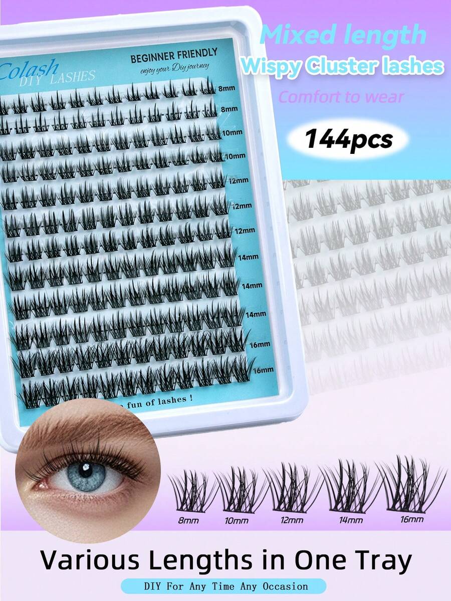 Colash 144pcs 12-Row DIY Cluster False Eyelashes, Segmented False Eyelashes, C/D Curl, DIY Lash Extensions, Beginner-Friendly, 8/10/12/14/16mm, 0.07C/D Curl, Suitable For Travel, Daily Wear (Beginner-Friendly), Wedding, Date, Party, Holiday And Other Occasions, Perfect As A Gift, Dense Lash Cluster Effect, Can Create Cat Eye Effect, Dramatic Effect, Easy To Use - View 1