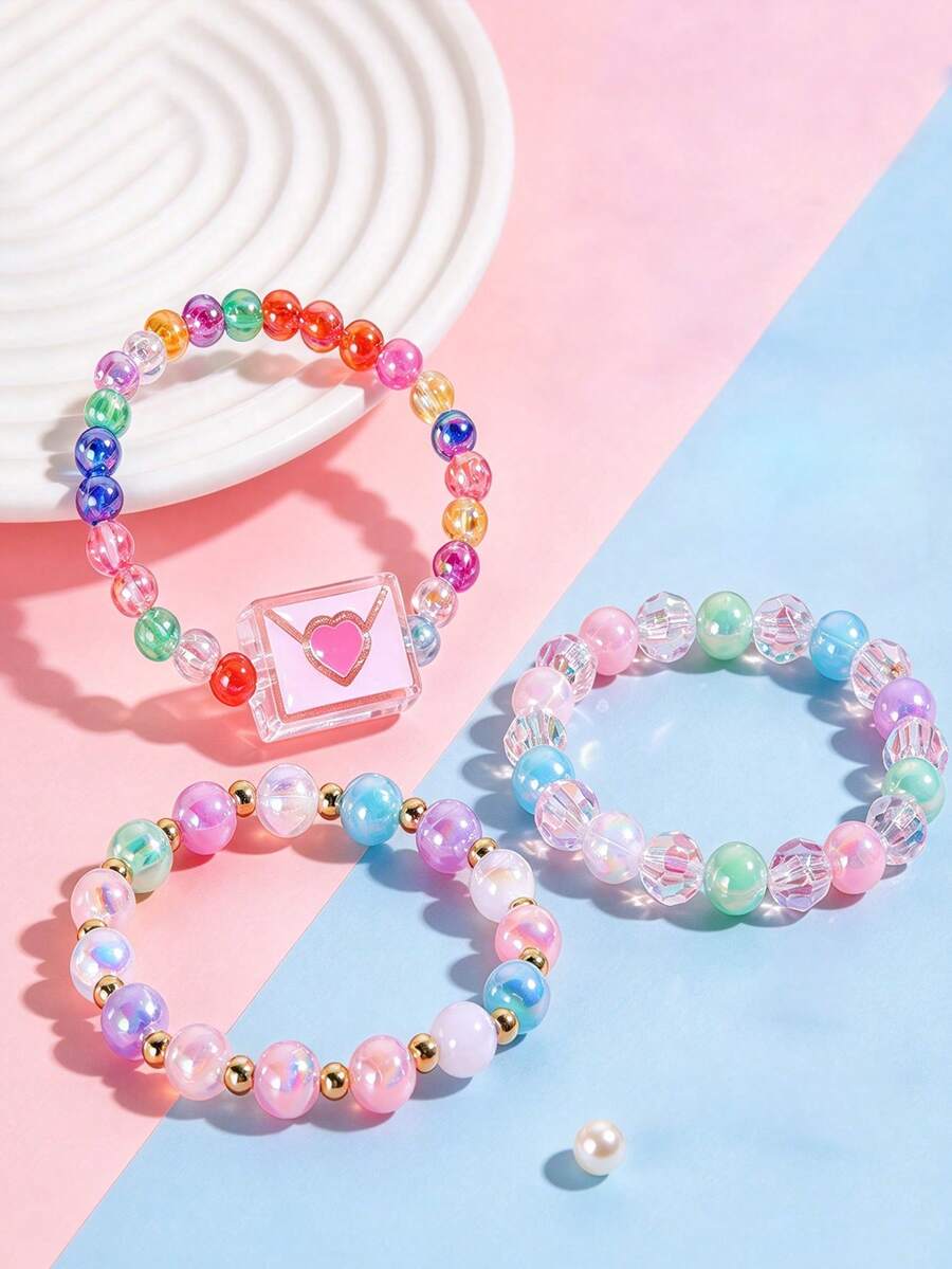 3pcs/Set Gelang Anak-Anak Manik-Manik Warna-warni dengan Liontin Resin Berbentuk Hati, Gelang Elastis Berlapis-lapis yang Dapat Ditumpuk untuk Pemakaian Sehari-hari Anak Perempuan - MultiWarna - View 1