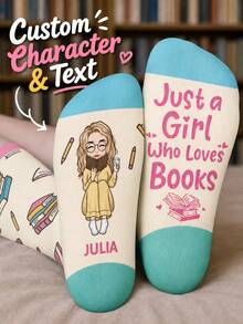 1 Pair Customized Character & Text Reading Socks, 3 Sizes, Personalized Reading Gift For Book Lovers, Readers, Family And Friends, Suitable For Bedroom And Living Room - Colorful Style - View 7