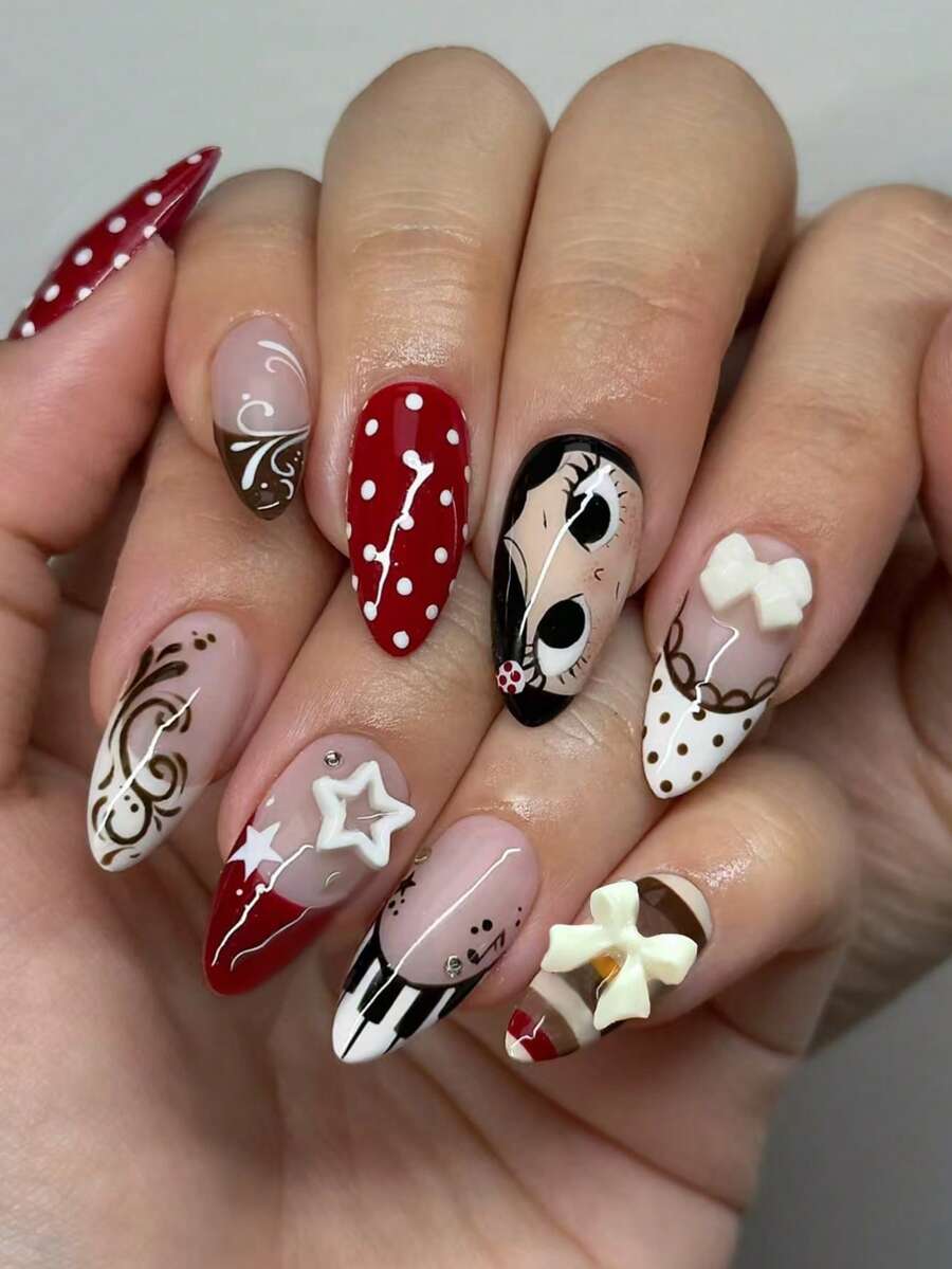 30pcs Long Almond Shape French Press-On Nails, 3D Bow Decor Nails, Polka Dot Nails, Striped Nails, Cute Cartoon Pattern Nails, Decorated With Rhinestones And Star Decor Nails, Set Includes: 1pc Jelly Glue And 1pc Nail File, Autumn/Winter Season Nails - Multicolor - View 1