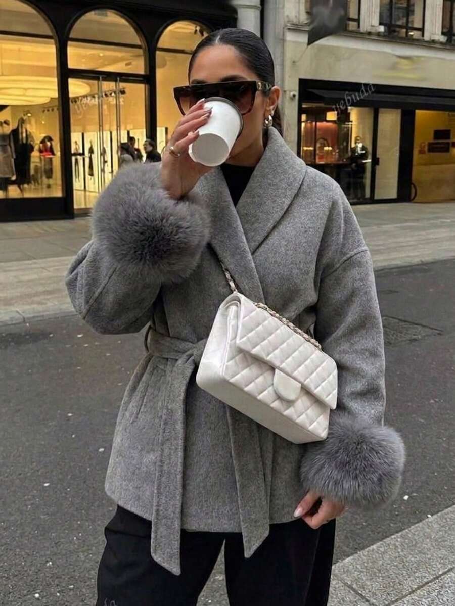 OFTBUY Solid Color Long Sleeve Loose Waist Belt Faux Fur Patchwork Wool Blend Jacket, Casual Street Style For Autumn/Winter And Holidays ,Petite Women