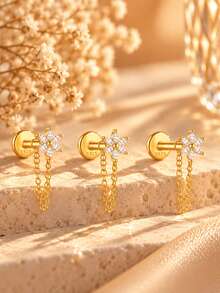 Tysoendlay 1Pc 925 Sterling Silver Flower Pave Chain Tassel Flat Back Stud Earring, Gold Plated Helix Cartilage Piercing For Women, Daily Party Gift - Gold - View 6