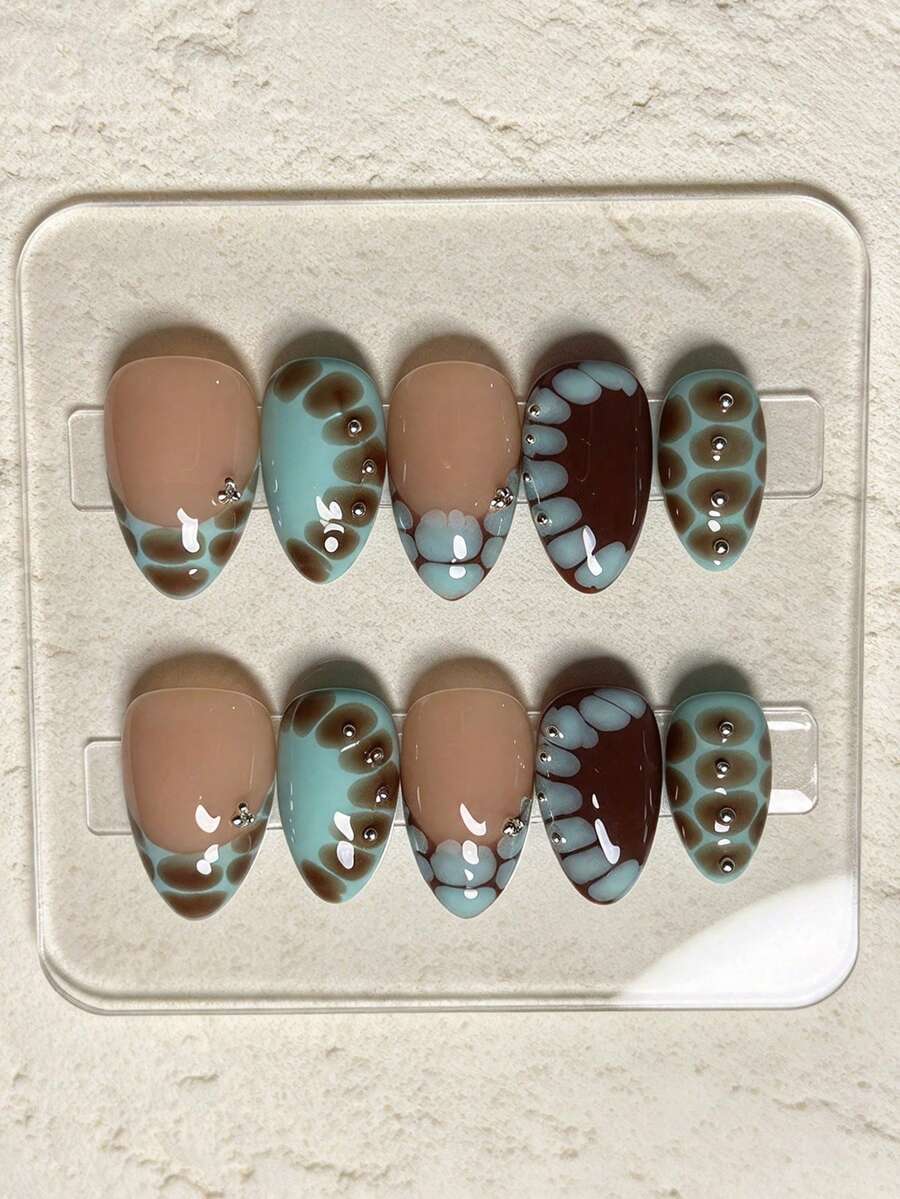 10pcs Short Almond Press On Nails, Fall Reusable Fake Nails, Teal Brown ...