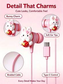 1pc Pink Rabbit Jewelry Wired Headset, Fully Compatible With Type-C/3.5MM, Full In-Ear DIY Cute Accessories, Built-In Volume Control And Microphone, High-Definition Call Mobile Phone Headset, Cute Gifts, Suitable For Music, Learning And Games - View 4