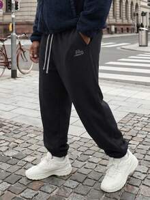 Plus Size Men's Thick Fleece Wide Leg Sweatpants, Letter Embroidery Drawstring Waist, Loose Fit, Warm, Autumn/Winter - Black - View 3