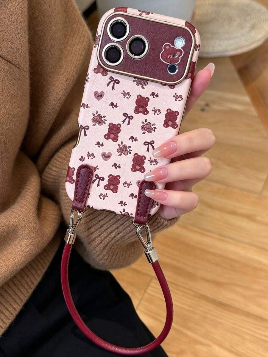 波爾多紅可愛熊蝴蝶結皮革掛繩手機殼,適用於 Apple 18 Pro Max、18 Pro、13、17 Pro、16 Pro,全包覆皮革防摔軟殼,適合女性 - 酒紅色 - 查看 1