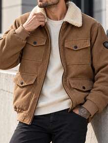 Men's Autumn/Winter Corduroy Jacket, Full Fleece Lining + Fleece Collar, Zipper Solid Color Loose Casual Outerwear, With Inner Pockets - Camel - View 2