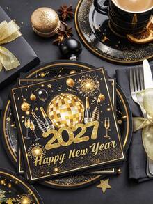 20pcs/5pcs 2027 New Year Luxury Black & Gold Disposable Cocktail Napkins, Shiny Disco Ball Sequin Print, Suitable For Party, Bar And Banquet Holiday Table Decor - A - View 2