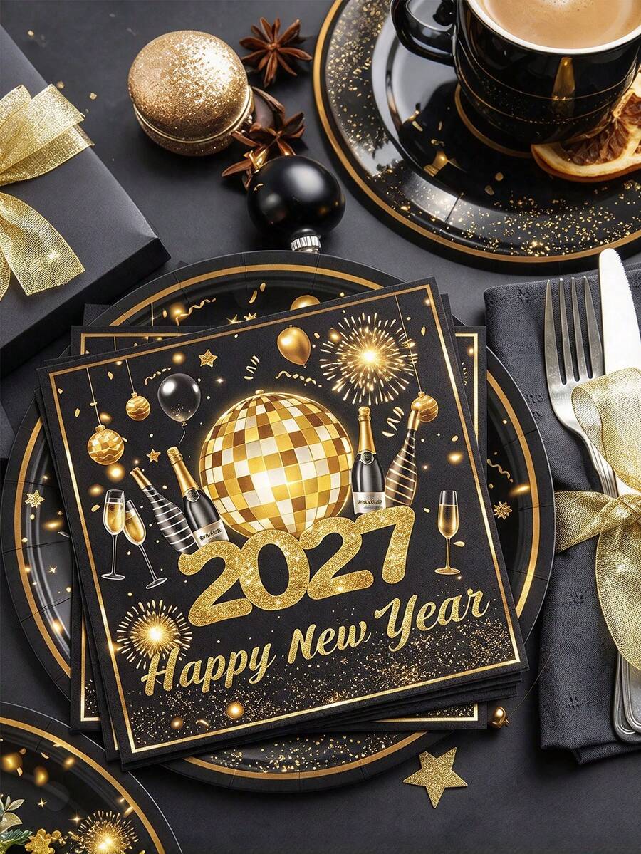 20入/5入 2027新年奢華黑金一次性雞尾酒餐巾紙,亮面迪斯可球亮片印花,適用派對、酒吧與宴會節日桌面裝飾 - A - 查看 1