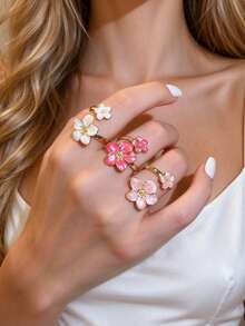 1 Set Of 3pcs New Fashion Enamel Drip Oil 3D Flower Open Ring Set, Fresh Sweet Niche Design Stackable Finger Rings For Women, Daily Wear, Party, Wedding, Plumeria Jewelry, Holiday Gift - Ring Set - View 2