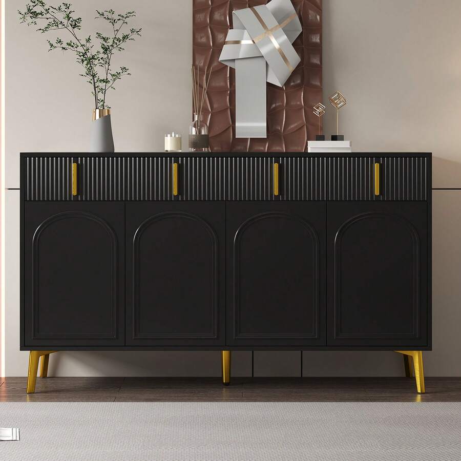 Sideboard i Trä med 4 Dörrar och 4 Lådor med Förvaring Justerbar Svart 140 * 38 * 82 cm for Matsal och Vardagsrum - Svart - Visa 1