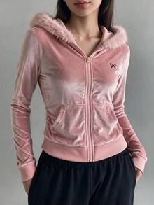 Lurzo Glossy Plush Hooded Jacket For Teen Girl, Suitable For Autumn/Winter, With Faux Fur Trim, Ribbed Cuffs And Bow Pattern, Perfect For Casual Wear And Back To School Season - Pink - View 4