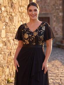 EVERPRETTY Plus Size Elegant V-Neck Gold Sequin Patchwork Black Chiffon Wedding Guest Dress, Asymmetrical Ruffle Hem Formal Mother Of The Bride Gown, Autumn - Multicolor - View 2