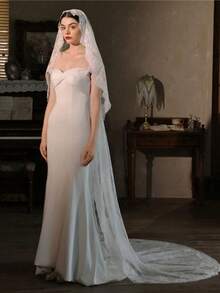 1pc Lace Bridal Veil, Vintage Mid-Length Cathedral Style Wedding Veil With Long Train, Bridal Headpiece - White - View 3