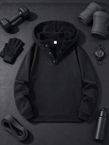 Men's Sports Outdoor Knit Hooded Fleece Lined Half-Zip Sweatshirt Sweatshirt, Solid Color Long Sleeve Sports Top, Suitable For Spring And Autumn Casual Wear - Black - View 2