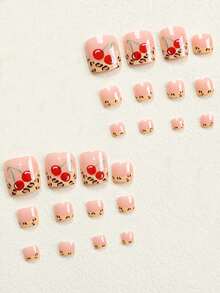 24pcs Short Square Toe Nail Tips, Leopard Print French Cherry Design, Cute Alloy Acrylic Press-On Nails, Gel Nail Set (Includes 1pc Jelly Glue And 1pc Nail File), Suitable For Women's Daily Wear, Dates And Parties - Multicolor - View 2