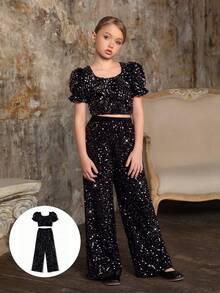Tween Girl Black Sequin Tulle Party Dress 2-Piece Set, Suitable For Important Occasions, Holidays, Birthday Parties - Black - View 1