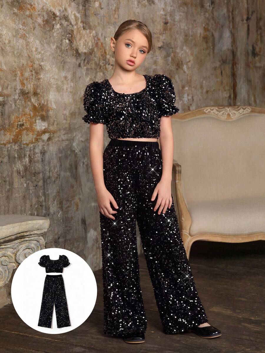 Tween Girl Black Sequin Tulle Party Dress 2-Piece Set, Suitable For Important Occasions, Holidays, Birthday Parties - Black - View 1