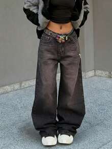 Y2K Style Women's Gray Washed Low-Waist Loose Wide-Leg Jeans, Retro Streetwear Casual Denim Pants, Versatile Bottom Wear - Grey - View 1