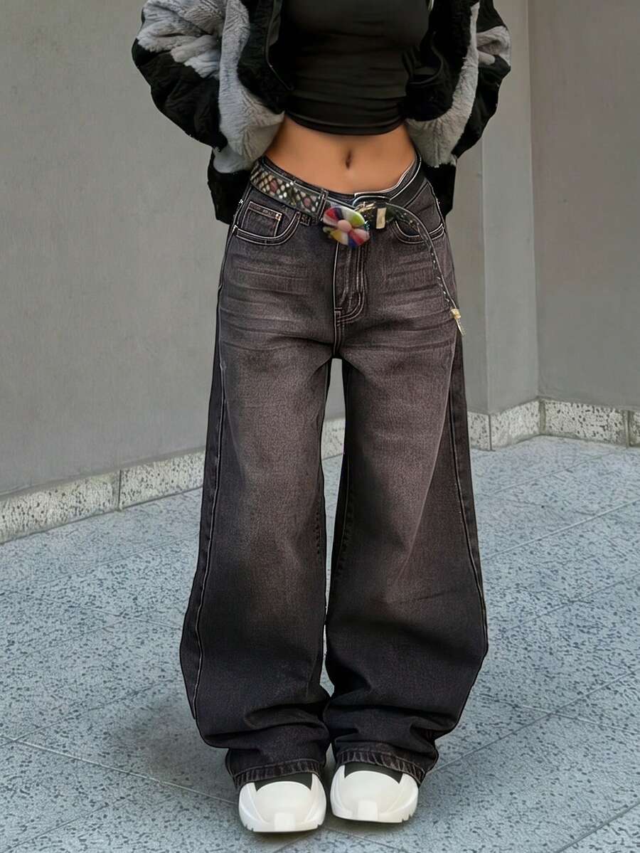 Y2K Style Women's Gray Washed Low-Waist Loose Wide-Leg Jeans, Retro Streetwear Casual Denim Pants, Versatile Bottom Wear - Grey - View 1