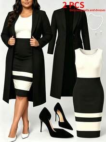 Women's Plus Size 2 Pieces Set, Fashionable & Versatile Long Solid Color Cardigan Jacket + Elegant Daily Sleeveless Striped Patchwork Midi Dress, Autumn/Winter - Multicolor - View 2